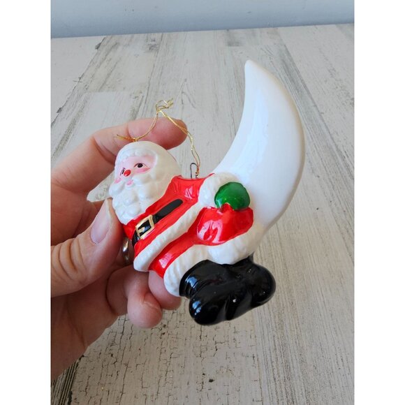 Vintage Enesco Santa Moon ceramic ornament red white shabby chic Xmas tree - Picture 3 of 7